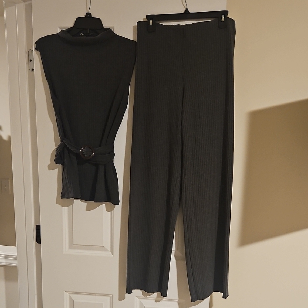 Zara GREY Ribbed Sleeveless Top & Wide-Leg Pants Set